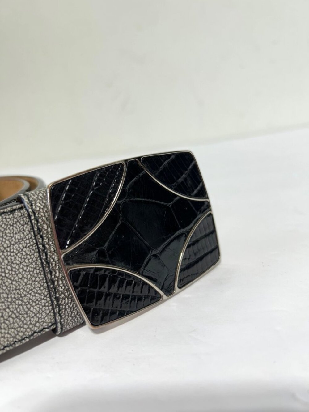 Prada Silver Mens Sz 38 Leather Belt With Black Embossed Buckle Made In Italy - Picture 3 of 11